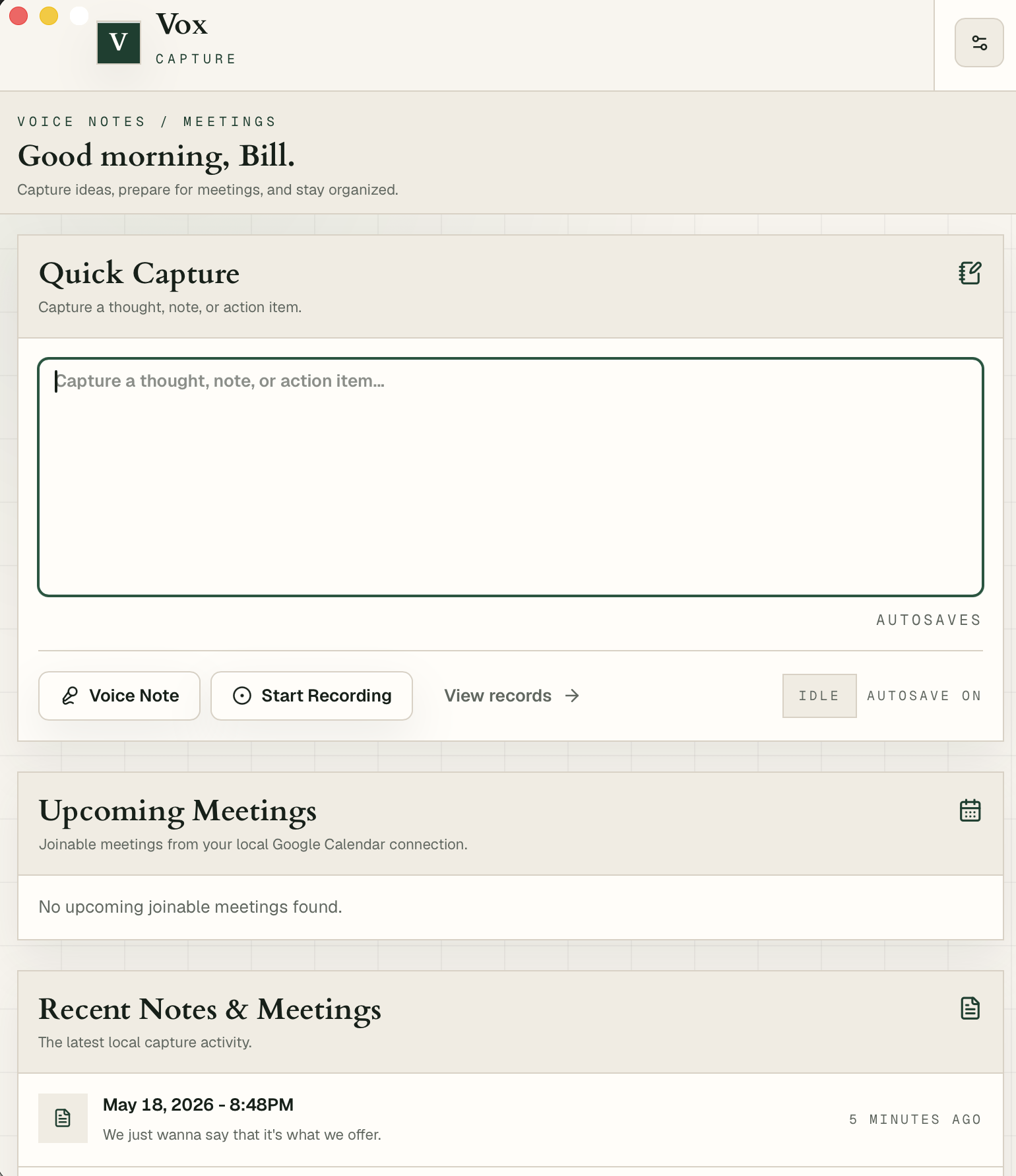 Vox app showing quick capture, meeting recording, upcoming meetings, and recent notes.